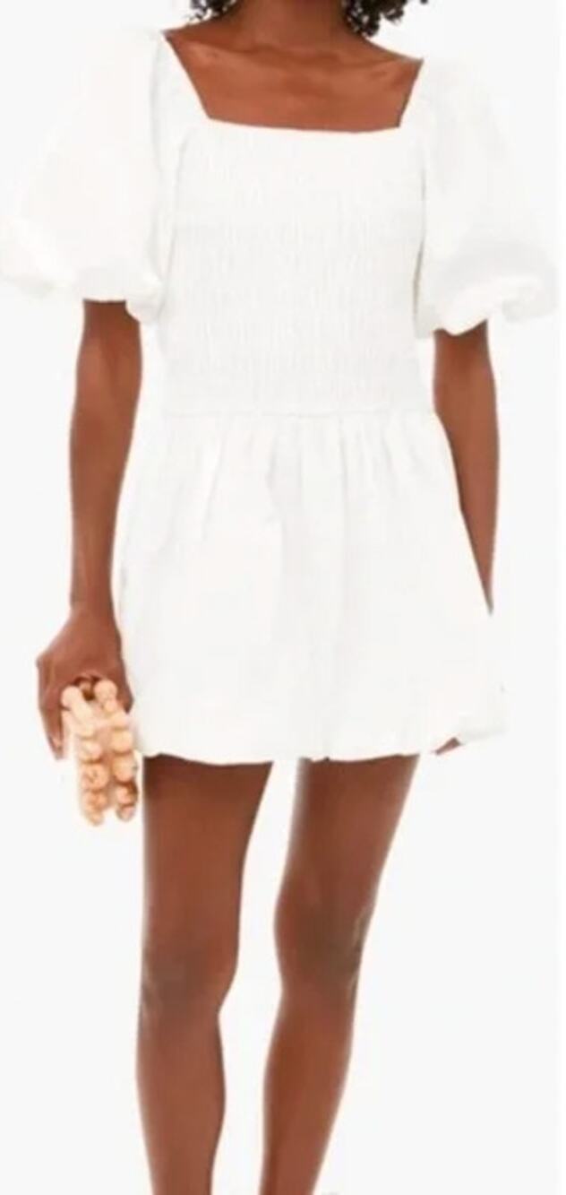 Hyacinth House Caterina Smocked Puff Sleeve Mini Dress White Cotton Size XS New